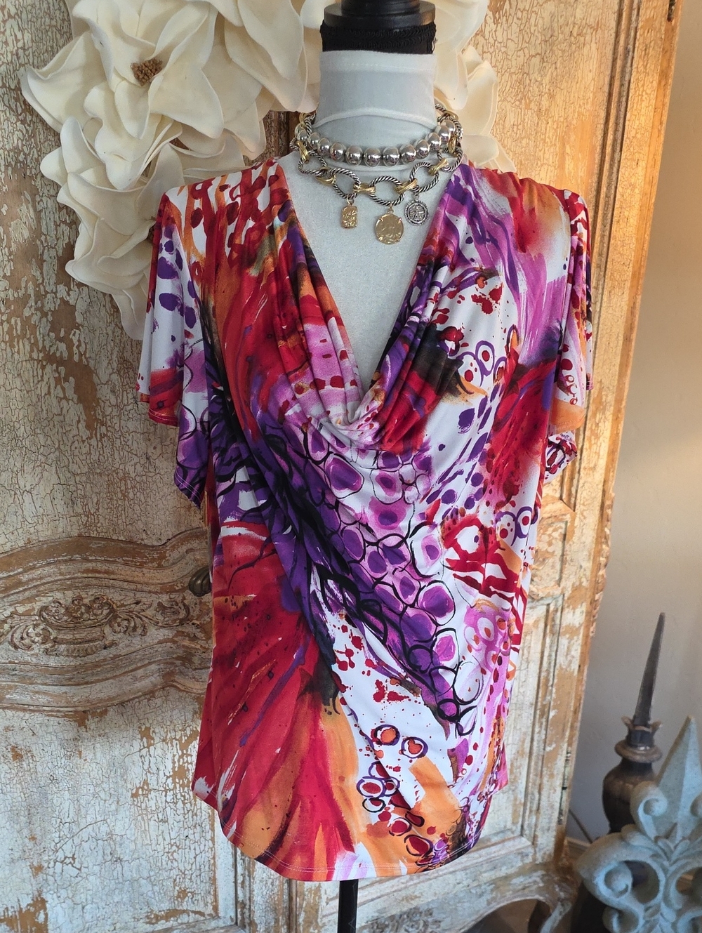 Abstract Floral Cowl Neck Women’s Top in Purple & Red